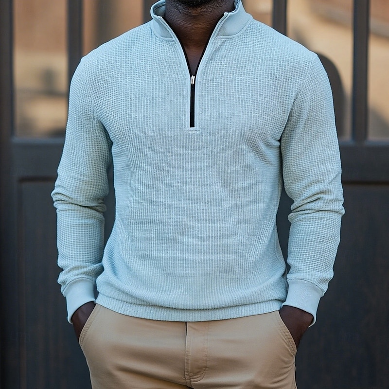 Men's Waffle Polo Shirts Zip Polo Sports Outdoor Casual Standing Collar Quarter Zip Long Sleeve Fashion Modern Solid Color Knitted Fall Spring &  Fall Regular Fit Black White Blue Gray Waffle Polo