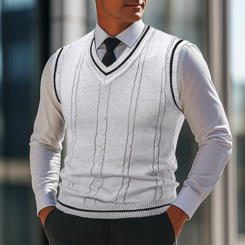 Men's Sweater Sweater Vest Pullover Sweater Jumper Vest Ribbed Knit Regular Tops Knitted Slim Fit Plain V Neck Knitwear Contemporary Casual Daily Wear Clothing Apparel Fall Black White L XL 2XL2
