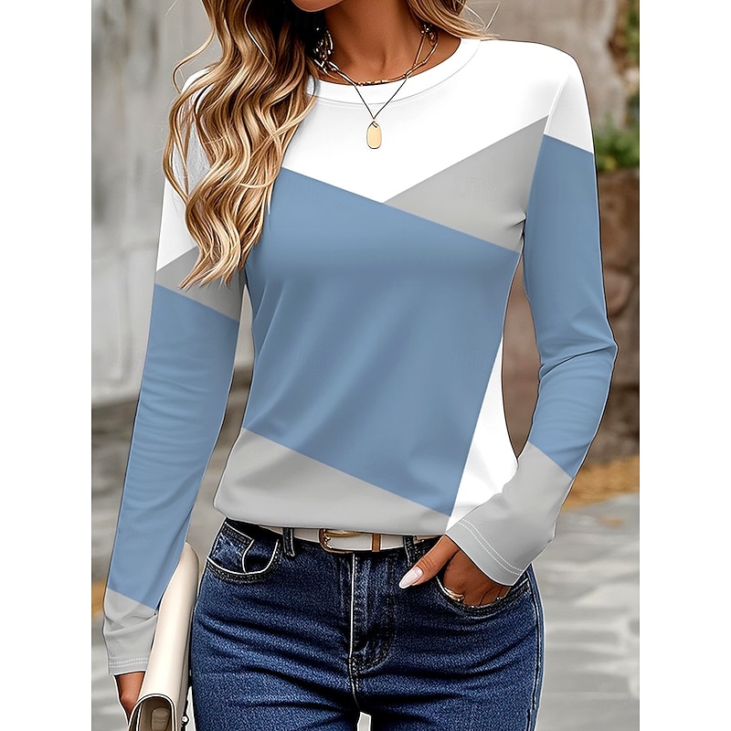 Women's T Shirt Graphic Geometric Color Block Vintage Stylish Classic Long Sleeve Crew Neck Round Neck Regular Tops Daily Print Light Blue Spring Fall Winter