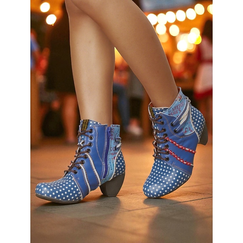 Women's 1950s Retro Polka Dot Ankle Boots – Blue Lace-Up Patchwork Leather Booties with Low Heels, Colorful Stitching, and Vintage Style for Casual Outfits, Festivals and Artistic Fashion Looks2