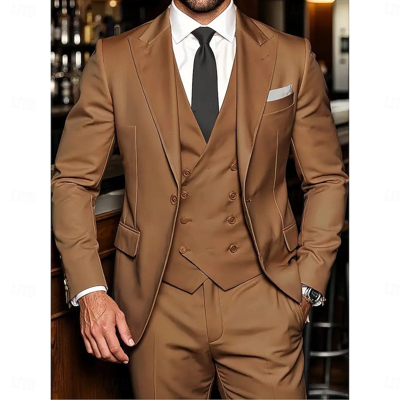 Men's Wedding Casual Party Suits Peaked Lapel Brown Formal Solid Colored Slim Fit 3 Piece Single Breasted One-button