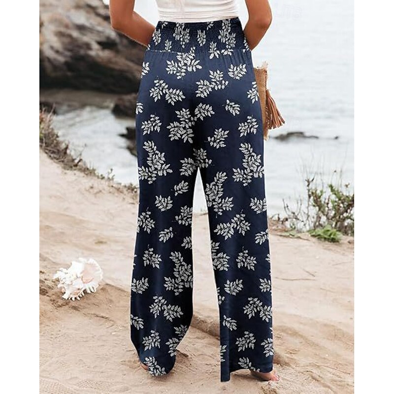 Women's Wide Leg Slacks Streetwear Casual Full Length Natural Flower Pocket Elastic Waist Print Soft Holiday Weekend Blue Fall Regular Fit4