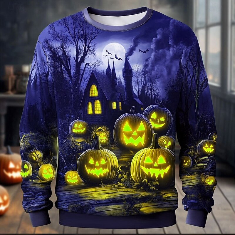 Halloween Men's Pumpkin Sweatshirt Punk Party Long Sleeve Crew Neck Vacation Yellow Orange Crewneck 3D All Seasons Designer2
