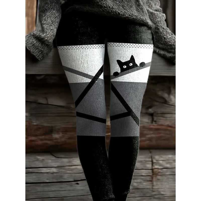 Women's Leggings Vacation Vintage Fashion Full Length High Waist Graphic Cat Abstract Printing Thermal Warm Soft Breathable Stretchy Formal Outdoor Vacation Black and White Black Dark Gray Purple2