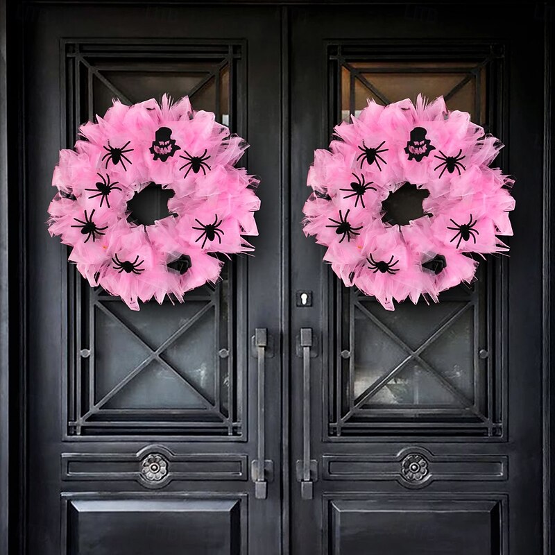 Halloween Pink Wreath for Front Door, Mesh Spider Web Garland, Festive Party Decor, Spooky Holiday Door Hanging, Seasonal Halloween Decoration4