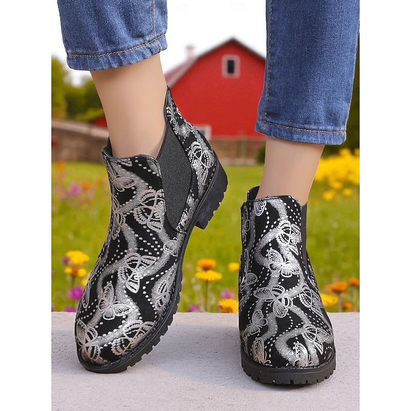 Women's Black Ankle Boots with Silver Butterfly Print – Casual Stylish Low Heel Chelsea Boots for Work, Shopping and Outdoor Wear
