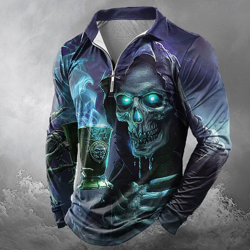 Day of the Dead Men's Skull Skulls Zip Polo Shirts Long Sleeve Polo Shirts Lapel Casual Horror Dark Outdoor Festival Outfit 3D Print Spring Fall Winter Red Blue Purple3