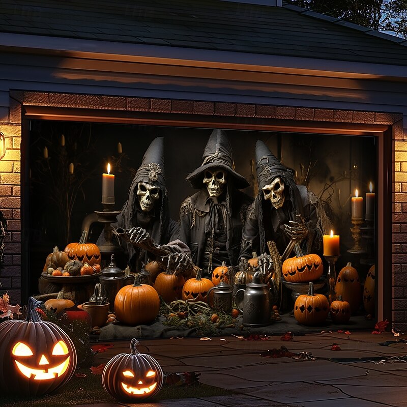 Halloween Tapestry Garage Door Cover Large Hanging Backdrop Pumpkin Witch Dark Punk Gothic Style Party Outdoor Shooting Backgrounds Front Door Home Decor4
