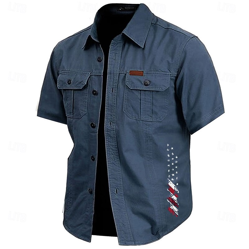 Men's American US Flag Work Shirt Western Shirt Cargo Shirt Short Sleeve Casual Tactical Sports Outdoor WorkWear Summer Spring Turndown Front Two Pockets Cotton Button Up Shirts Army Green Khaki Dark2