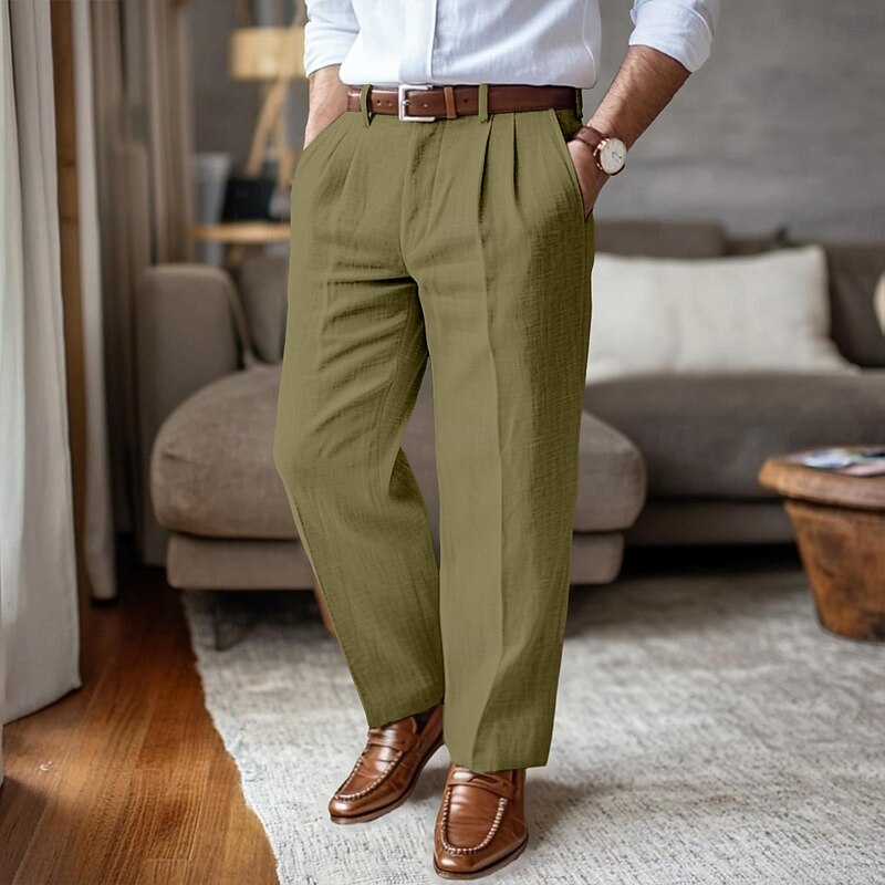 Men's Linen Pants Trousers Summer Pants Pleated Pants Front Pocket Straight Leg Plain Comfort Breathable Full Length Outdoor Casual Daily Vacation Fashion Black White Inelastic4