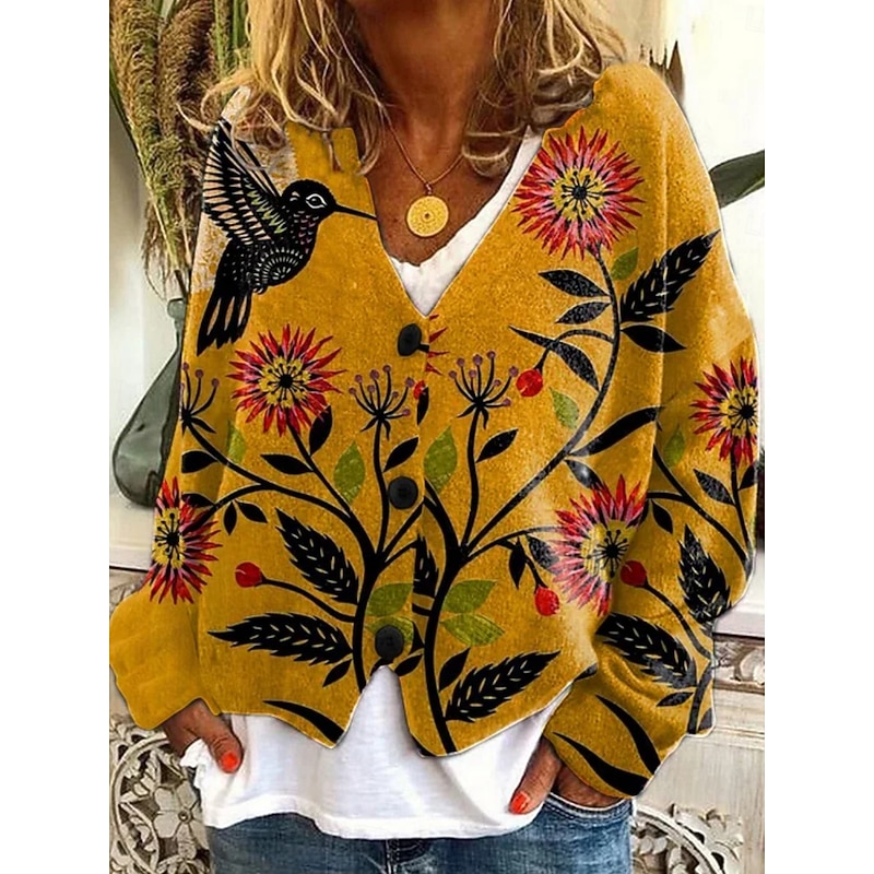 Women's Cardigan Vacation Daily Casual Floral Ribbed V Neck Buttons Print Long Sleeve Regular Tops Knit Outdoor Daily Holiday Blue Orange Fall Winter