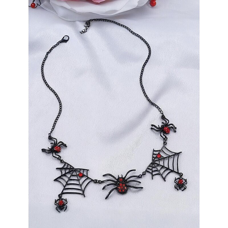 Women's Halloween Gothic Spider Web Necklace and Earrings Set, Black Red Crystal Insect Jewelry for Costume Parties and Cosplay4