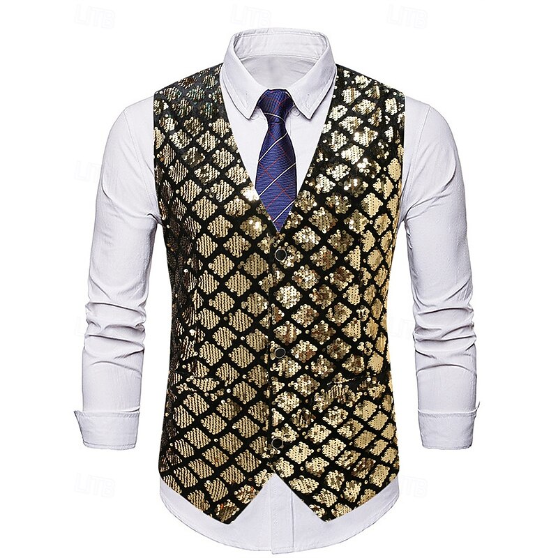 Men's Vest Waistcoat Gilet Vacation Party Business Fashion Casual Spring Fall Pocket Buttons Sequin Polyester Comfortable Argyle Single Breasted One-button V Neck Regular Fit Gold Vest2