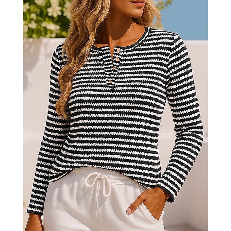 Women's Knitted Pullover Sweatshirt Casual Tops Long Sleeve Top Athleisure Fall Stripes Fashion Outdoor Travel Sports Sportswear Activewear Wine Red Black Blue