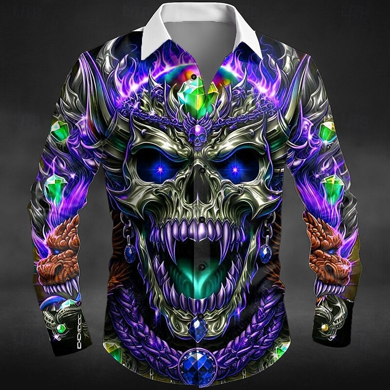 Halloween Men's Skull Dragon Flame Shirt Button Up Shirt Long Sleeve Dark Punk Gothic Style Outdoor Holiday Summer Spring Turndown 3D Print Collared Shirts Purple Orange Green4