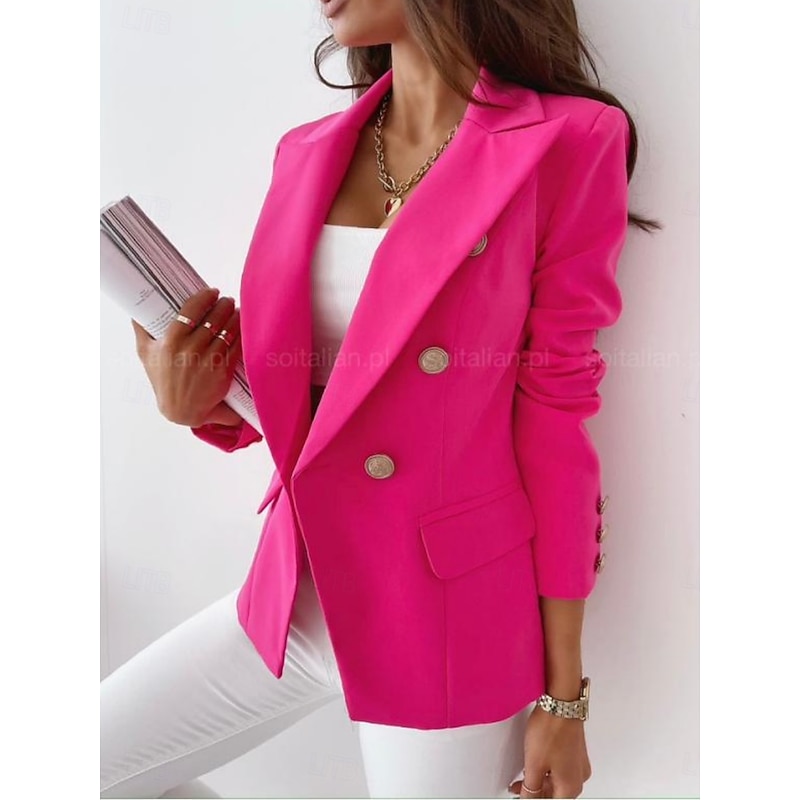 Women's Blazer Comfortable Breathable Pocket Casual Plain Formal Office Street Casual Double Breasted Regular Turndown Regular Fit Long Sleeve Outerwear Black Blue Fuchsia Summer Fall4