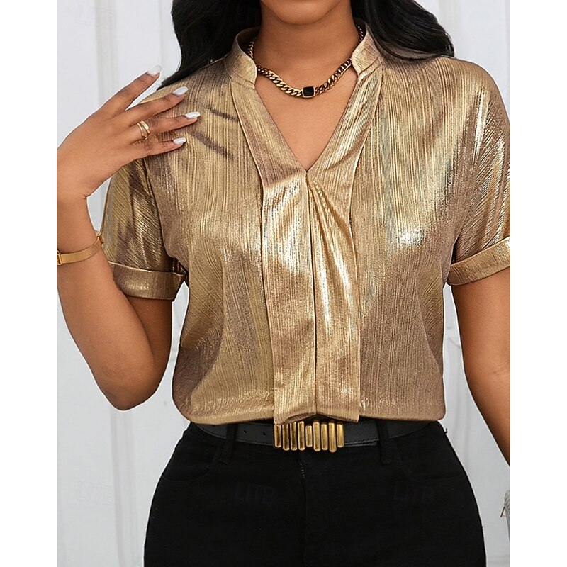 Women's Shirt Velvet Elegant Dressy Plain Stylish Modern Short Sleeve V Neck Regular Tops Holiday Going out Gold Fall