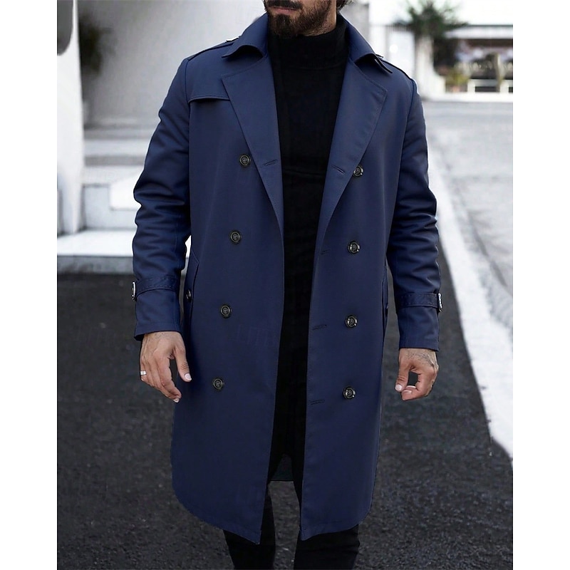 Men's Overcoat Trench Coat Long Trench Coat Vacation Daily Fall Winter Polyester Windproof Soft Outerwear Clothing Apparel Fashion Classic Plain Pocket Lapel Double Breasted3