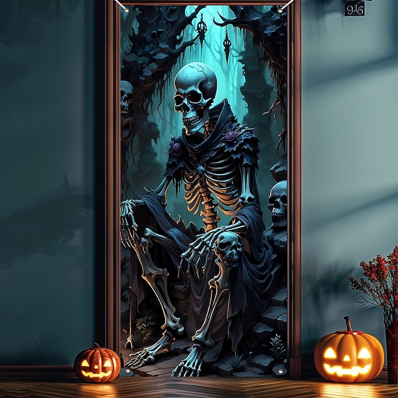 Halloween Door Cover Outdoor Banners Skeleton 3D Dark Punk Gothic Style Party Outdoor Shooting Backgrounds Front Door Wall Porch Home Decor