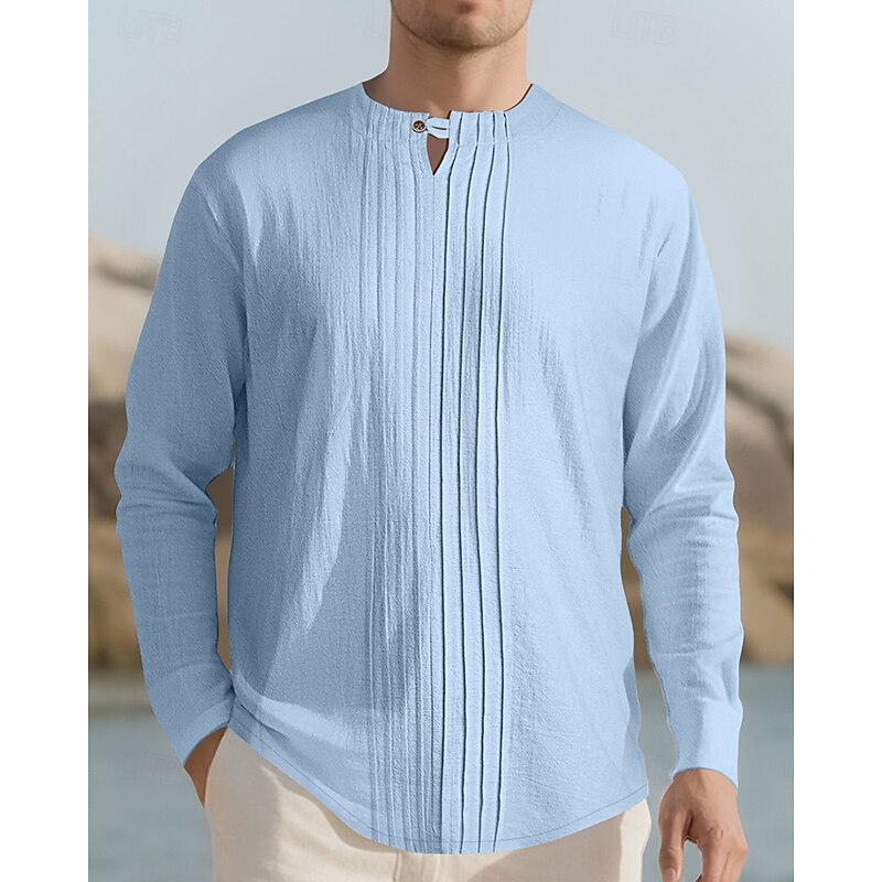 Men's Shirt Linen Shirt Casual Shirt Cotton Shirt Plain Vacation Hawaiian Black White Dark Green Khaki Long Sleeve Crew Neck Spring Fall Clothing Apparel Pleats2
