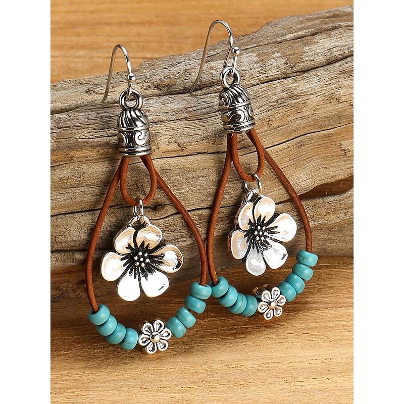 Women's Boho Floral Drop Earrings – Turquoise Beaded Western Style Dangle Earrings for Summer Festivals, Parties and Everyday Outfits