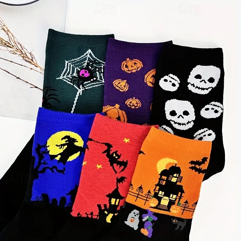 Halloween Cartoon Print Socks, Skull Pumpkin Bat Design, Unisex Moisture-Wicking Mid-Calf Socks for Autumn and Winter, Festive Casual Hosiery4