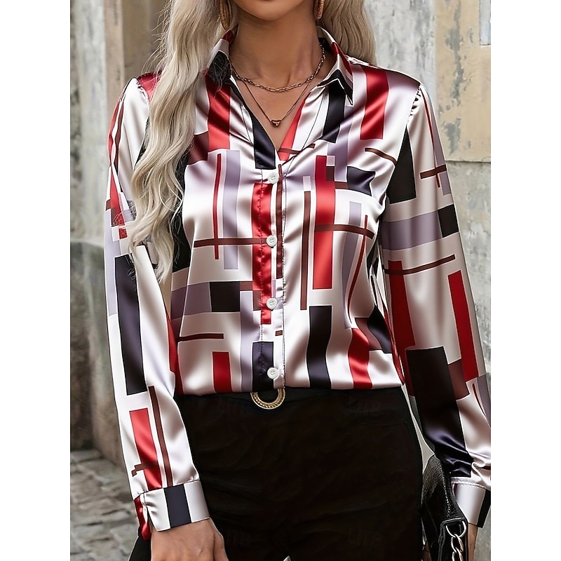 Women's Shirt Work Shirt Graphic Geometric Elegant Stylish Casual Long Sleeve Shirt Collar Regular Tops Work Daily Red Blue Spring Fall Winter4