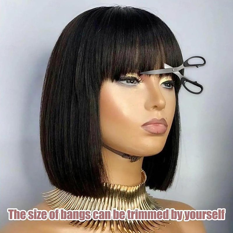 Short Bob Wig with Bangs Human Hair Glueless Lace Bob Wigs 2X1 Bob Wig With Bangs Human Hair for Women Natural Black 180% Density2