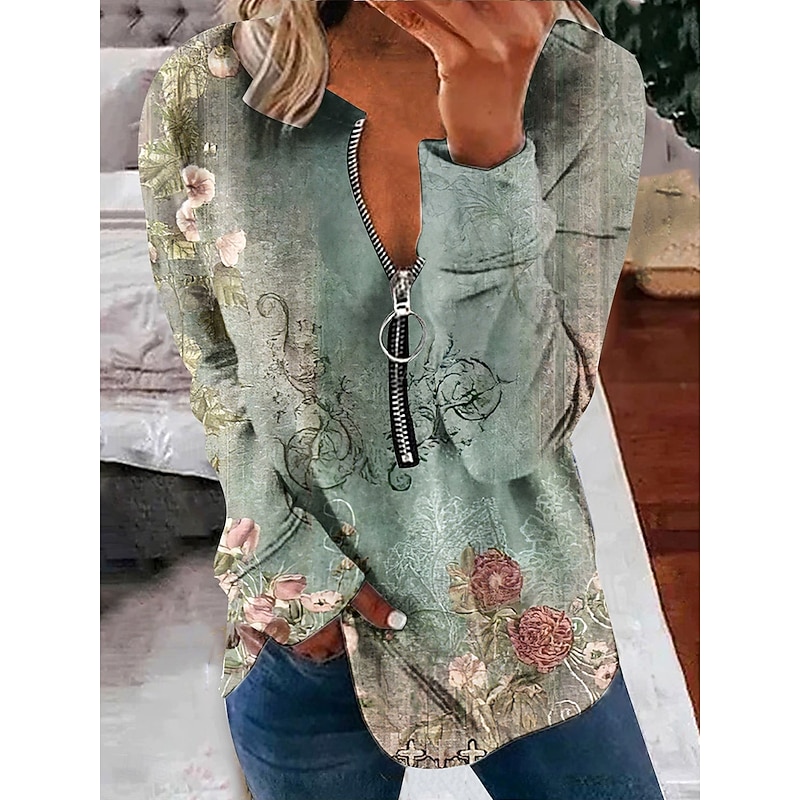 Women's Pullover Sweatshirt Zip Up Sweatshirts Floral Graphic Fashion Casual Long Sleeve Crew Neck Regular Tops Street Dailywear Zipper Print Light Green Spring Fall Winter