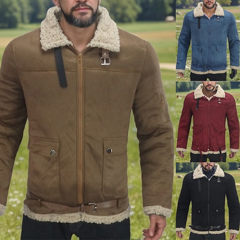 Men's Winter Jacket Sherpa Jacket Vacation Daily Thermal Warm Pocket Fleece Fall Winter Plain Fashion Streetwear Lapel Regular Black Wine Blue Khaki Jacket