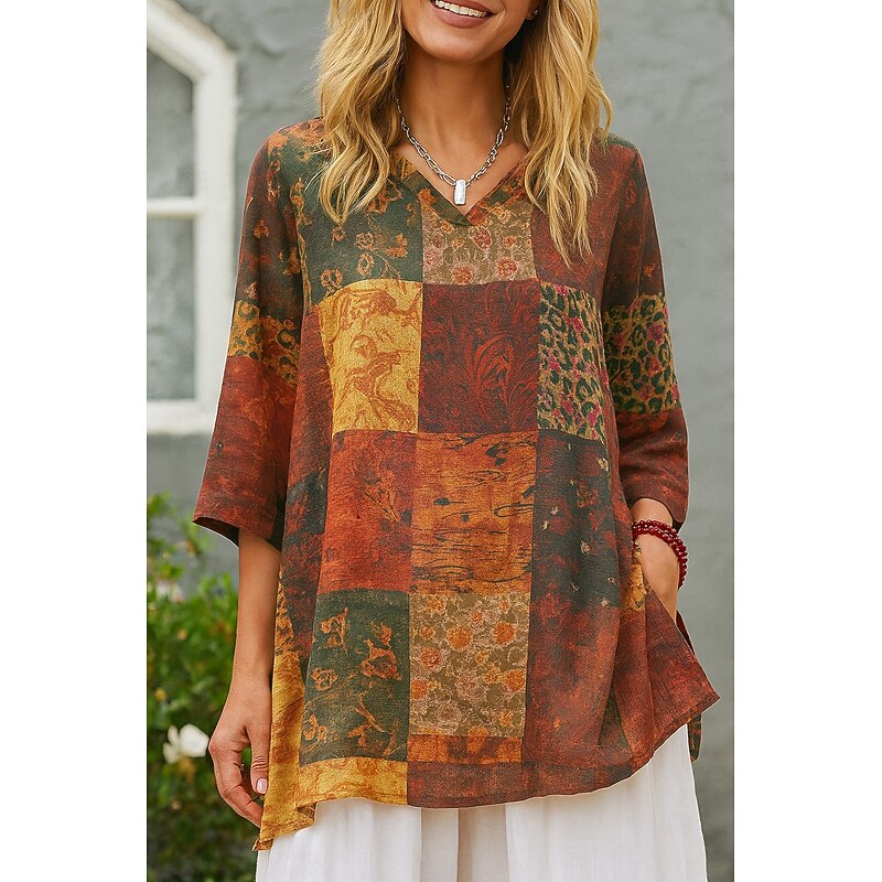 Women's Cotton Linen Shirts Floral Graphic Bohemia Stylish Basic 3/4 Length Sleeve V Neck Regular Tops Daily Print Red Green Summer Spring4