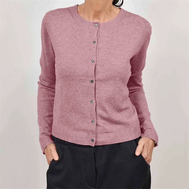 Women's Sweater Fashion Solid Color Ribbed Crew Neck Buttons Knitted Long Sleeve Regular Tops Knit Holiday Going out Weekend Black White Fall3