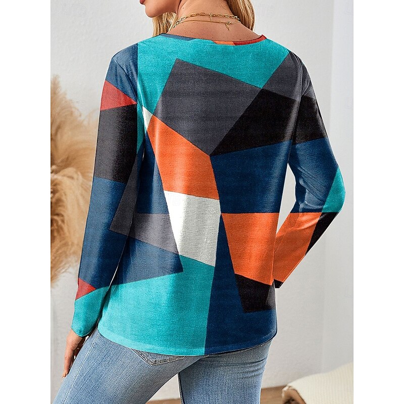 Women's T Shirt Graphic Geometric Color Block Vintage Stylish Classic Long Sleeve Crew Neck Regular Tops Daily Print Red Blue Orange Green Spring Fall Winter2