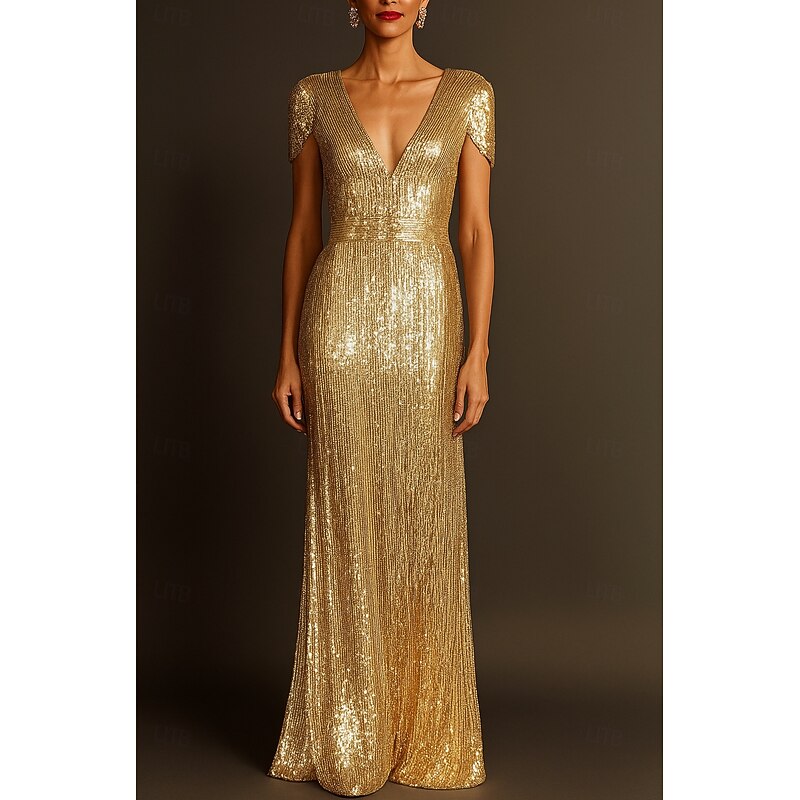 Gold Black Column Evening Gown Elegant Dress Formal Wedding Floor Length Short Sleeve V Neck Champagne Mother Of the Bride Dress Stretch Satin with Glitter Pleats 20253