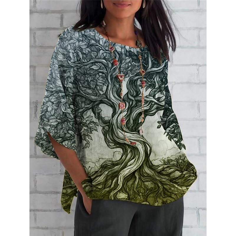 Women's Shirt Tree Bohemia Daily Casual 3/4 Length Sleeve Crew Neck Regular Tops Daily Holiday Print Blue Orange Green Summer Spring Fall2