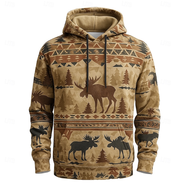 Men's Aztec Hoodie Sweatshirt Ethnic Vintage Retro Crew Neck Sports Outdoor Streetwear Brown Drawstring Fall Winter Designer