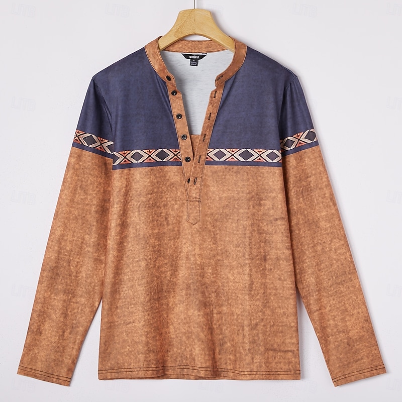 Men's Tribal T Shirt Henley Shirt Long Sleeve 3D Print Designer Retro Vintage Street Casual Daily Summer Spring Fall Dark Brown Black Blue Brown Green Henley Henley T-Shirt4