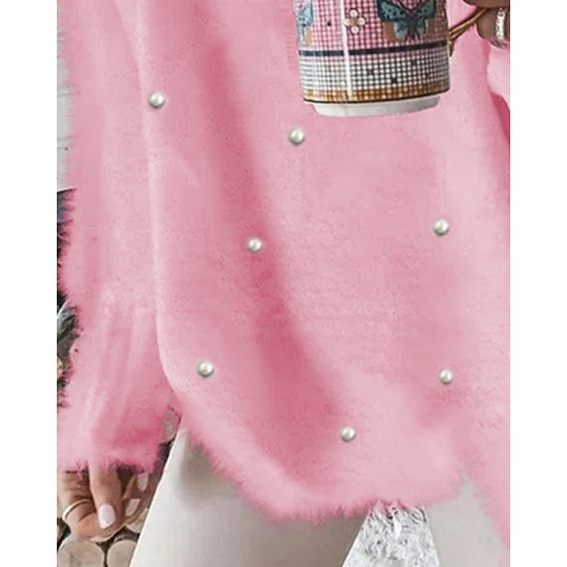 Women's Sweater Pullover Sweatshirt Fuzzy Cozy T Shirt Plain Ribbed Knitted Casual Long Sleeve V Neck Tops Daily Going out Weekend Lace Pink Oversized Fall Winter3