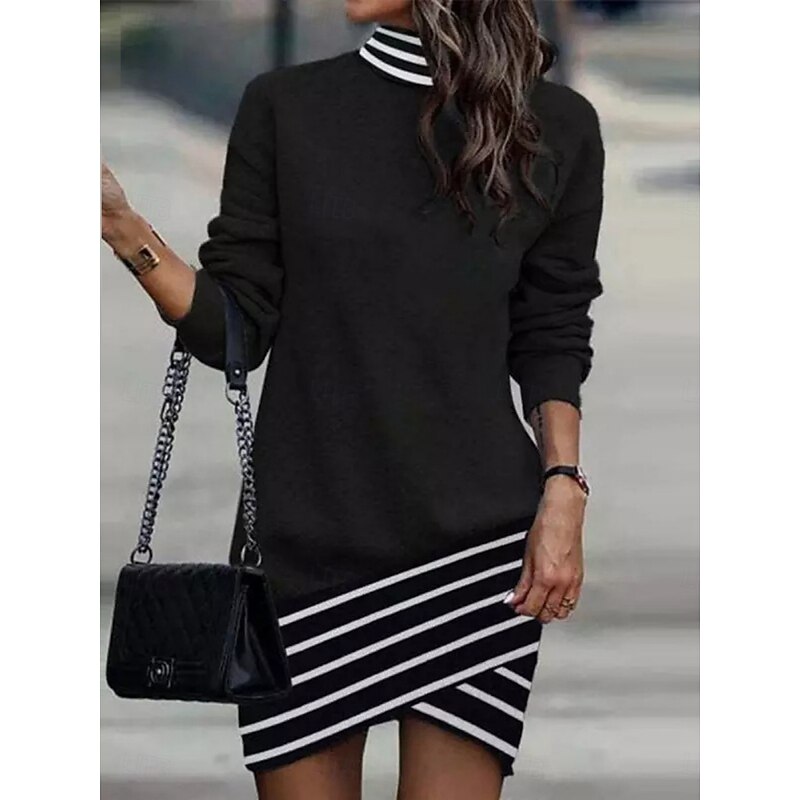 Women's Mini Dress Sheath Dress Casual Daily Regular Fit Floral Striped Long Sleeve High Neck Black White Yellow Apricot Spring Fall Winter4