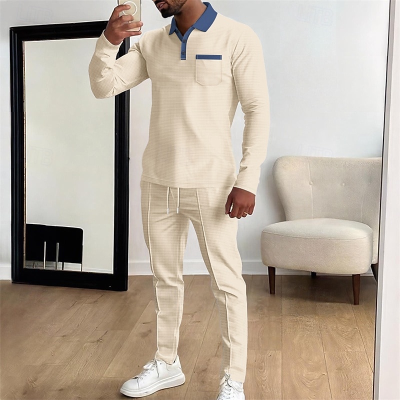 Men's Waffle Polo Shirts Golf Shirt Work Casual Lapel Long Sleeve Basic Modern Color Block Pocket 2 Piece Spring Fall Regular Fit Black Royal Blue Khaki Gray Waffle Polo Shirts3