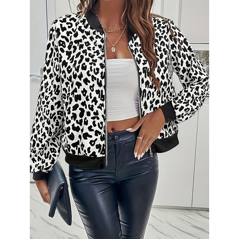Women's Casual Jacket Warm Comfortable Zipper Pocket Elegant Fashion Daily Simple Leopard Vacation Casual Daily Holiday Regular Baseball Collar Regular Fit Long Sleeve Outerwear White Khaki Spring4