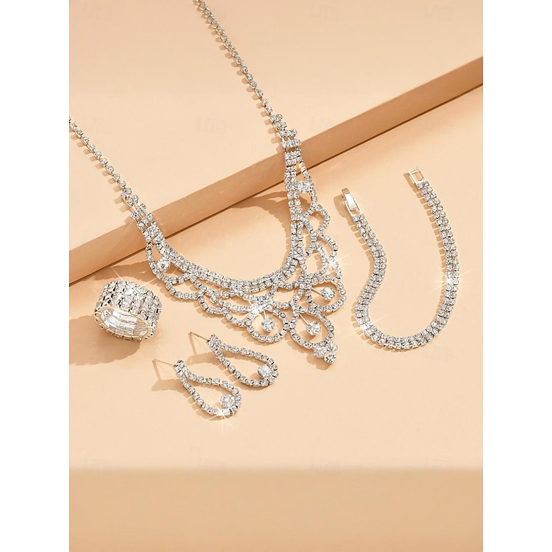 Women's Crystal Bridal Jewelry Set - Elegant Rhinestone Necklace, Bracelet, Ring and Earrings for Weddings, Proms and Formal Occasions4