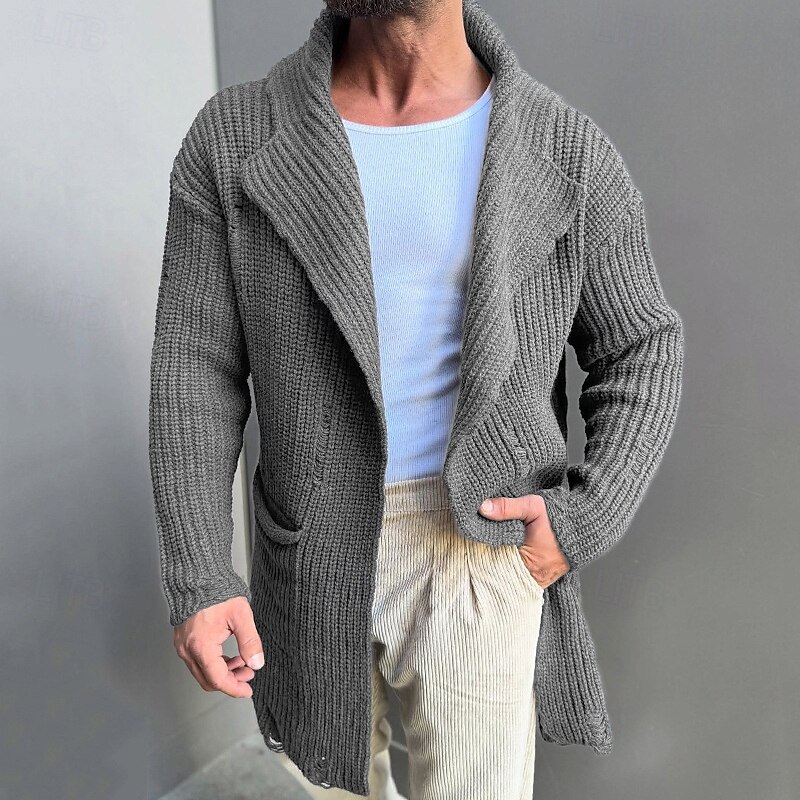 Men's Cardigan Sweater Cropped  Sweater Knit Sweater Ribbed Knit Tunic Pocket Plain Lapel Fashion Classic Vacation Daily Wear Clothing Apparel Fall Winter Black Navy Blue S M L