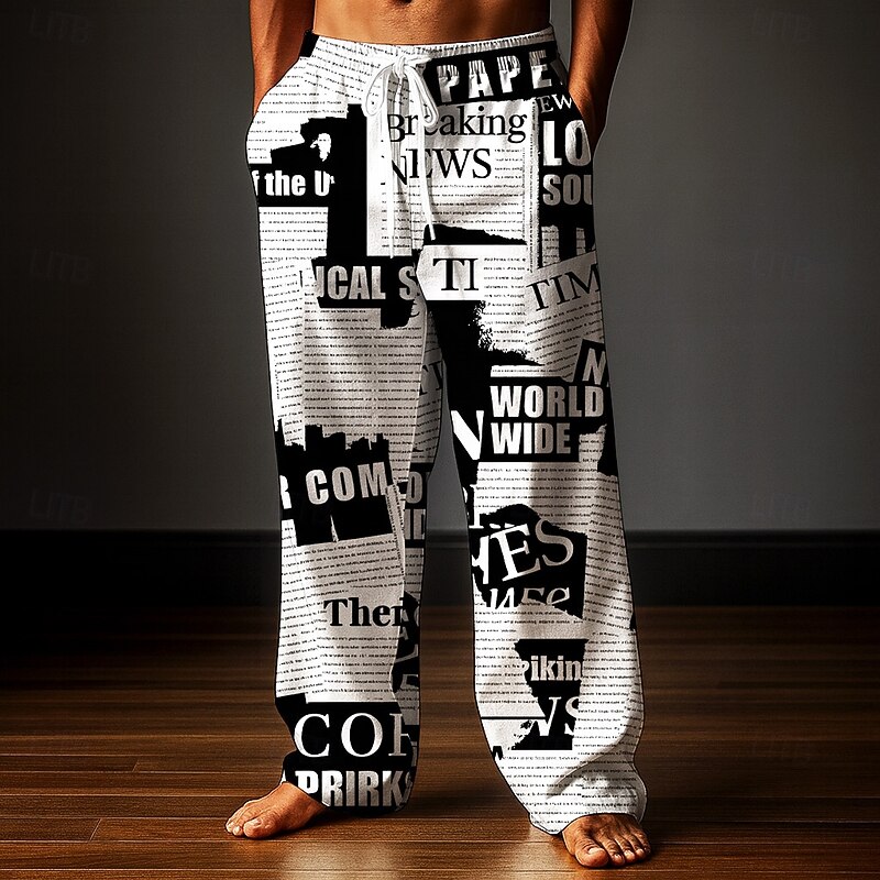 Men's Trousers Baggy Pants Casual Pants Elastic Drawstring Waist Linen-Like Pants with Pockets Newspaper Letter Print Full Length Outdoor Holiday Retro Vintage White Pink Inelastic