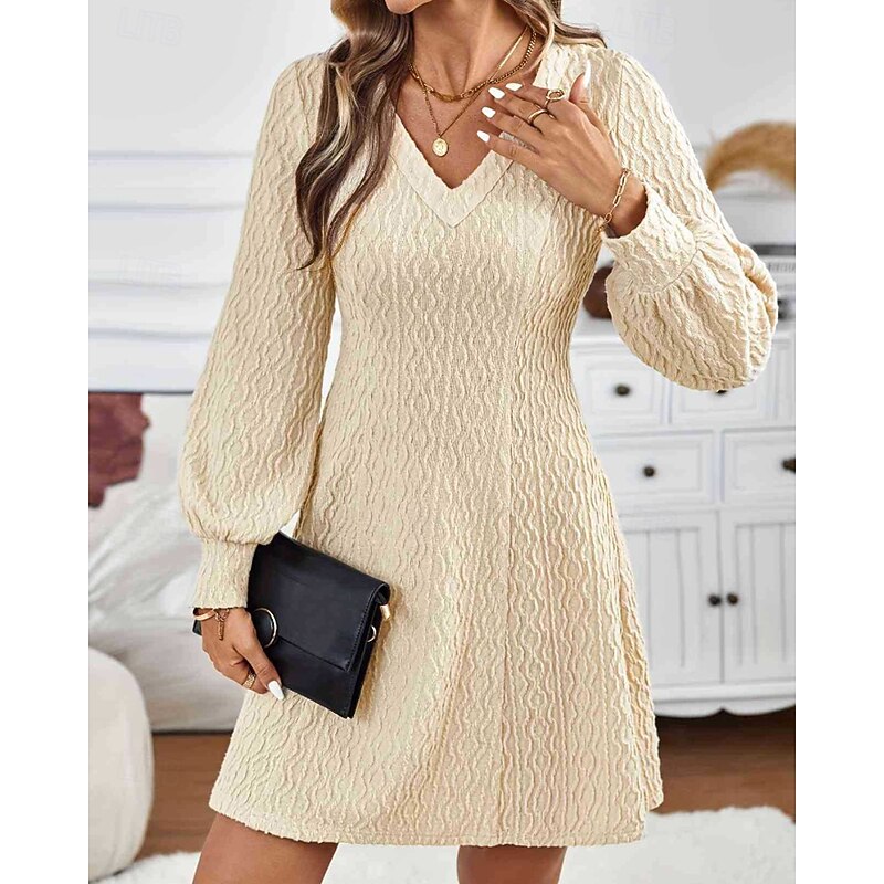 Women's Mini Dress Lace Dress Casual Dress Fashion Modern Lantern Sleeve Outdoor Vacation Going out Regular Fit Plain Long Sleeve V Neck Apricot Fall4
