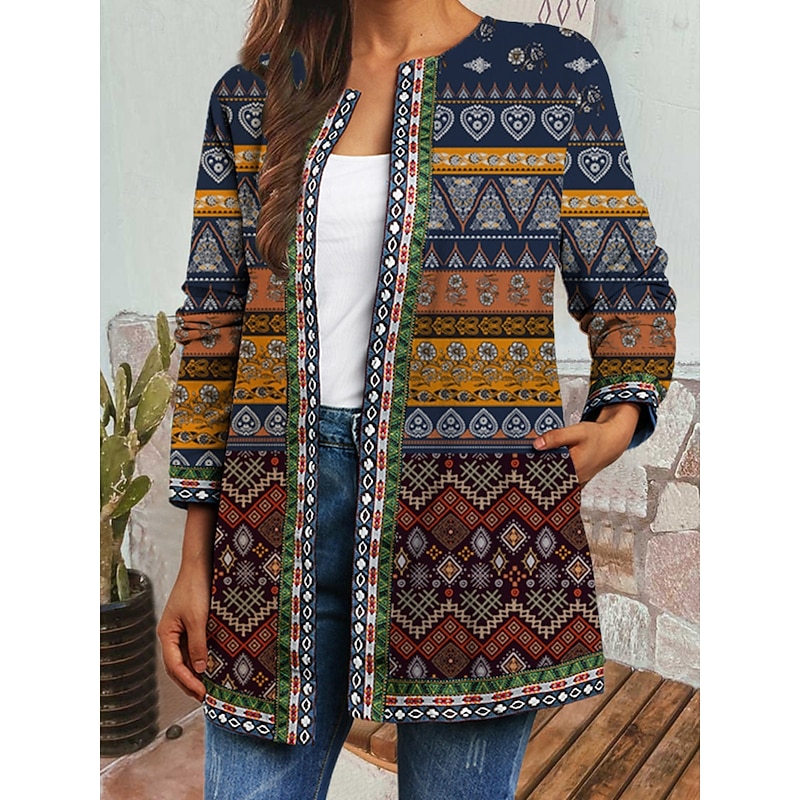 Women's Casual Jacket Windproof Warm Pocket Color Block Open Front with Pockets Vintage Modern Casual Floral Casual Daily Casual Daily Short Crewneck Regular Fit Long Sleeve Outerwear Light Green3