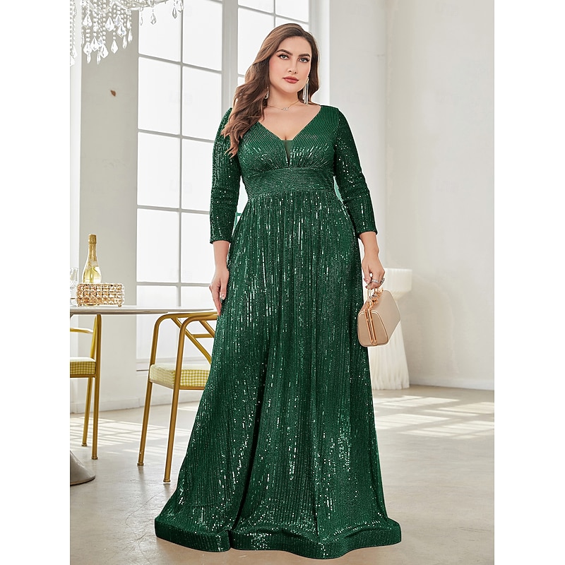 A-Line Party Dresses Elegant Dress Formal Floor Length Long Sleeve V Neck Fall Wedding Guest Sequined with Glitter Sequin3