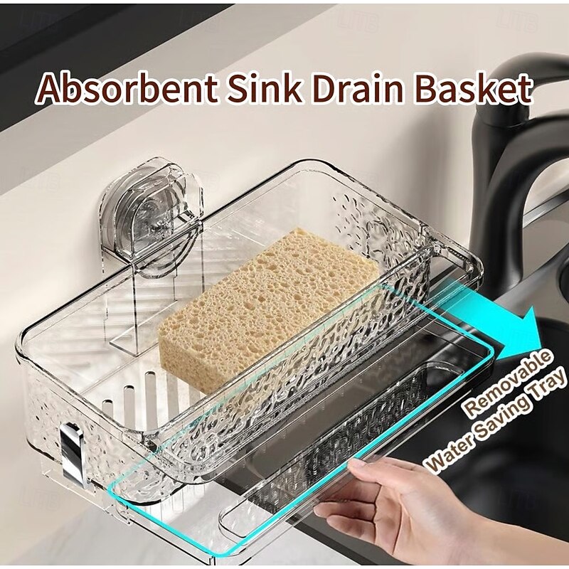 Absorbent Sink Drain Basket Suction Cup Multifunctional Kitchen Storage Rack Wall Mounted Large Capacity Dish Cloth Holder Hanging Organizer For Home Use