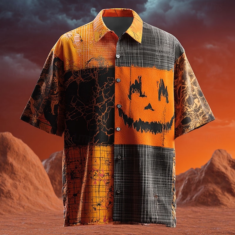 Halloween Men's Color Block Pumpkin Patchwork Shirt Summer Shirt Button Up Shirt Short Sleeve Dark Gothic Style Holiday Streetwear Summer Spring Turndown 3D Print Collared Shirts Yellow Blue Orange