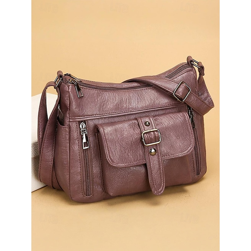 Women's Faux Leather Shoulder Bag – Multi-Pocket Vintage Crossbody Handbag for Work, Travel & Everyday Use